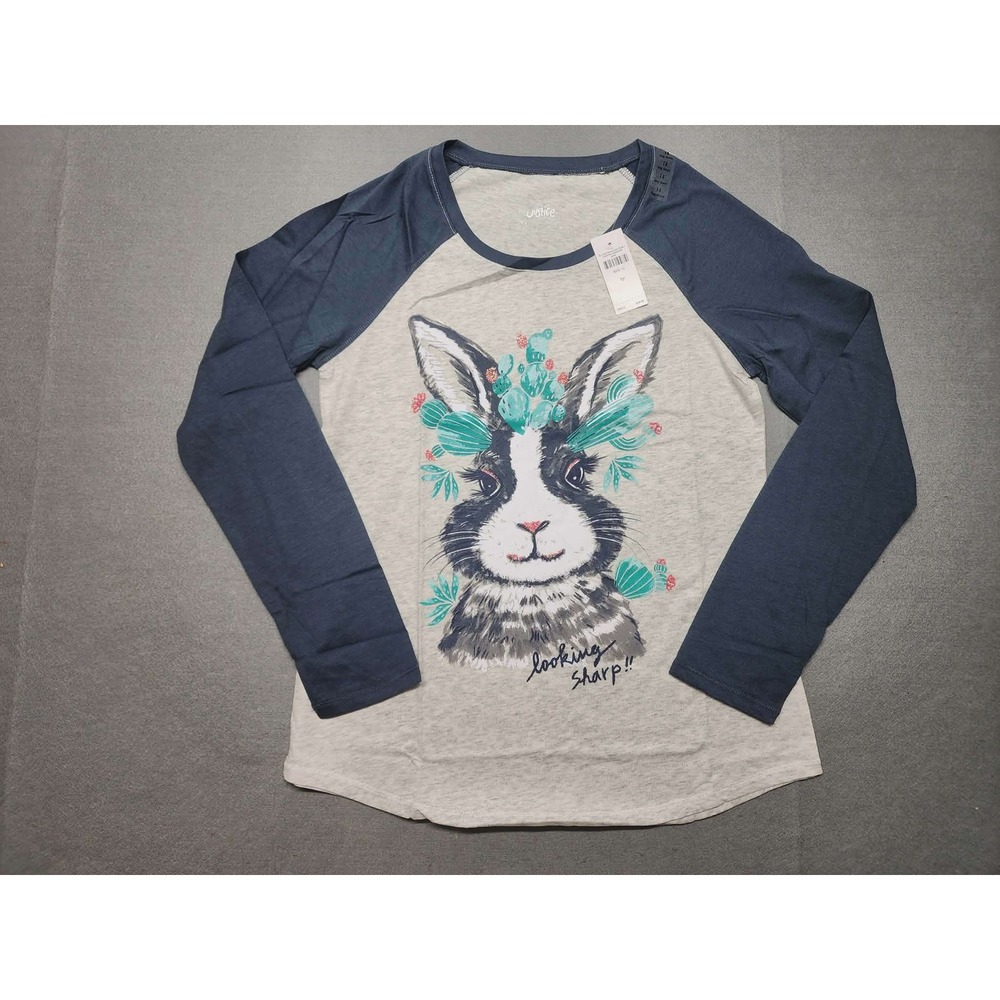 Justice Girls Size 14 Long Sleeve Raglan Bunny Cactus Graphic Tee Grey Navy